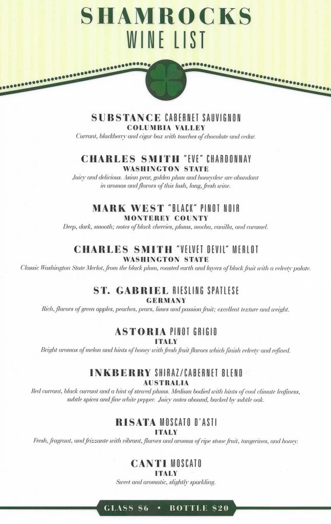 Shamrock Pizza Wine List